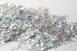 iridescent glitter, holographic glitter, custom glitter, chunky glitter, silver glitter